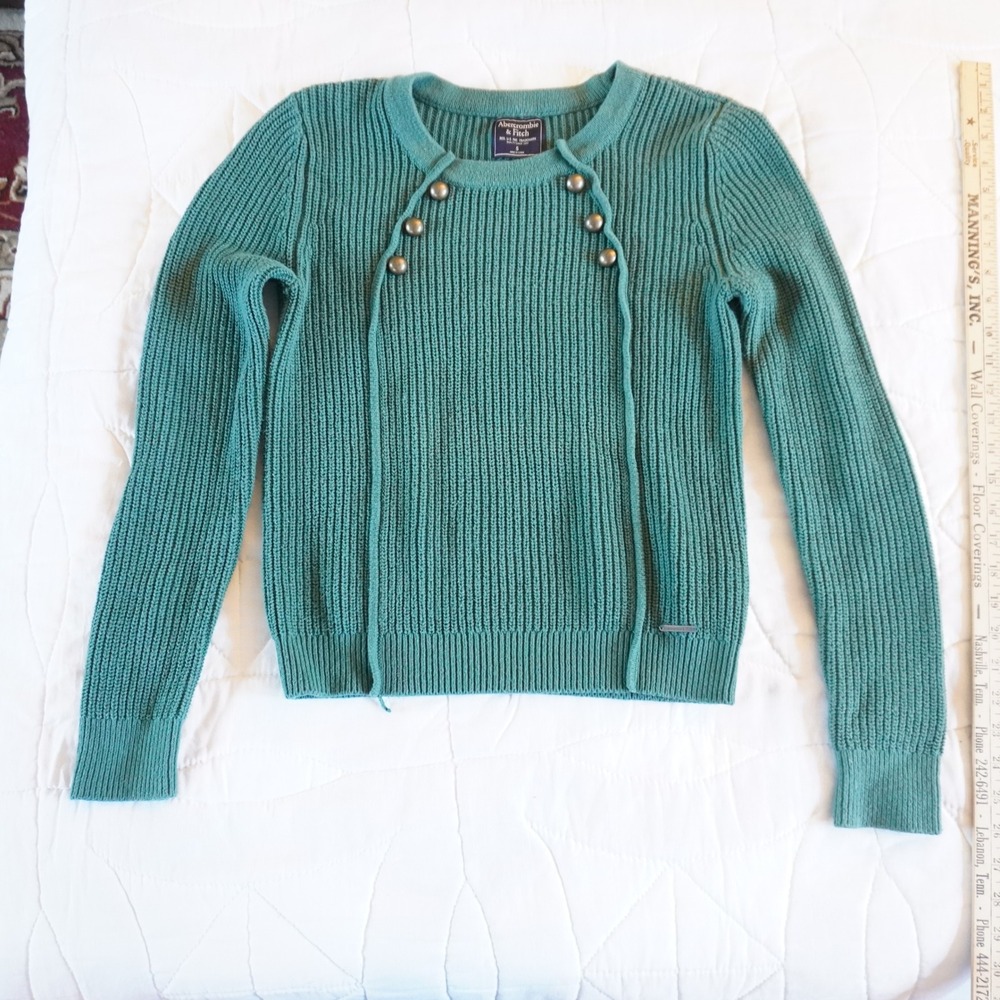Abercrombie Fitch Teal Ribbed Button Detail Crew Neck Sweater Size S Fisherman‎